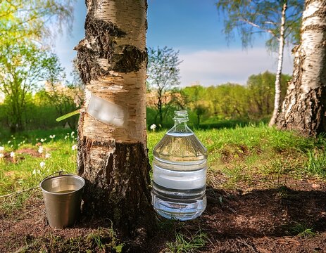 birch sap harvesting from tree trunk in spring garden