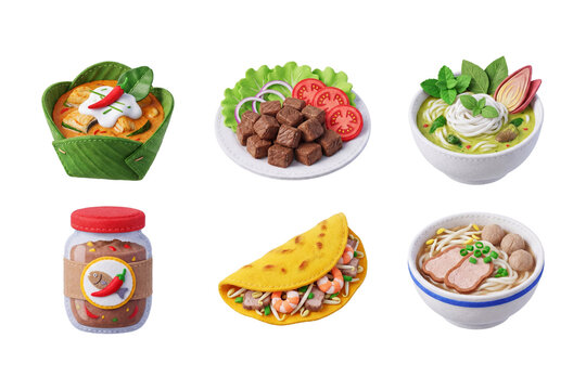 3D render set of popular Khmer food icons in soft felt style featuring Fish Amok, Lok Lak, Num Banh Chok, Prahok jar, Banh Chao, and Kuy Teav noodle soup