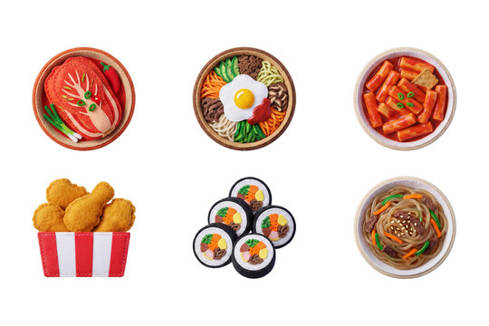 3D render set of popular Korean food icons in soft felt style featuring kimchi, bibimbap, tteokbokki, fried chicken, kimbap, and japchae noodles