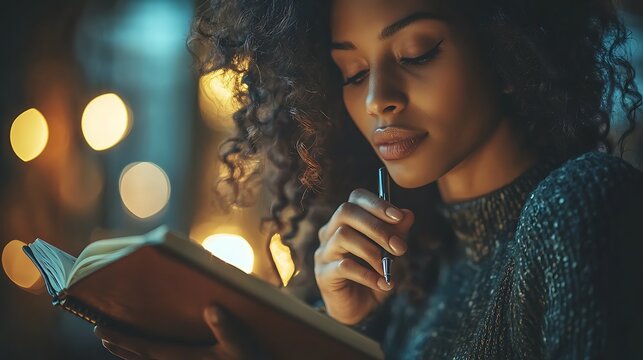 Woman with curly hair holding pen and notebook deep in thought with blurred bokeh lights