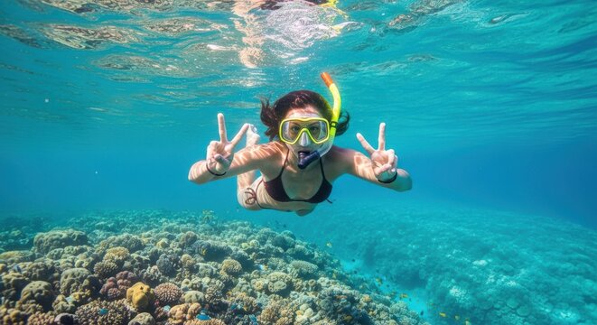Young Woman Snorkeling in Crystal Clear Blue Water Over a Vibrant Cora