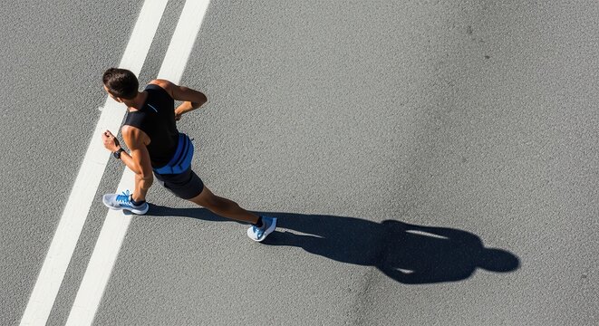 Top View of Athletic Man Running on Asphalt Road with Long Shadow Duri