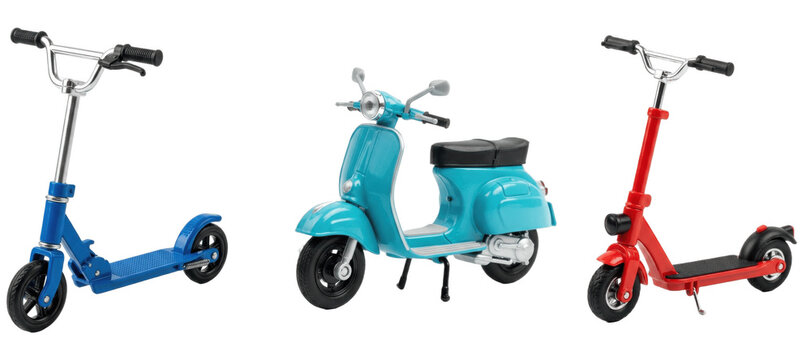 Colorful kids scooter and mini moped trio, blue kick scooter, teal vintage style scooter and red electric scooter for urban play, photography and retail displays

