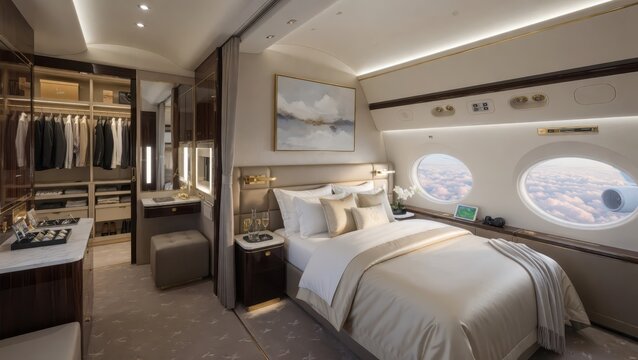 Luxurious private jet bedroom with a walk-in closet and view of clouds from window