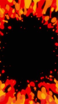 Anime fire frame effect with red, orange, and yellow flames on black background, seamless vertical loop animation for motion graphics.