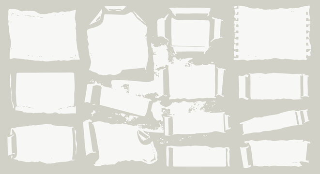 Hand drawn white paper rip frame set featuring torn edge sheet piece elements for scrapbook note lab texture and shredded border collage design decoration for artistic craft project.