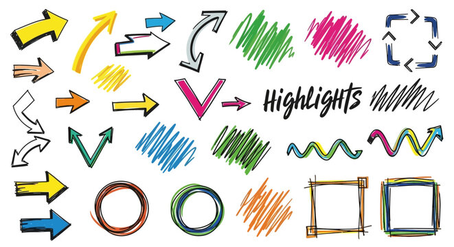Vibrant hand drawn marker pen stroke collection featuring colorful arrow icons highlight scribbles and artistic felt tip sketch lines for creative graphic design and presentation emphasis.