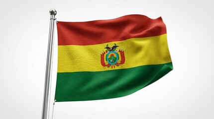 Obraz premium A highly realistic Bolivia flag with coat of arms waving on silver flagpole isolated on white.