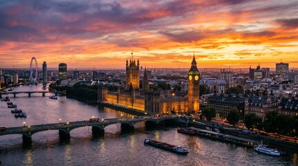 Golden Sunset Over Big Ben and Westminster Palace Panorama © Design idea