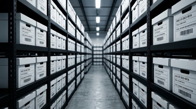 A perspective view of a police evidence storage area with black metal shelves and white boxes.