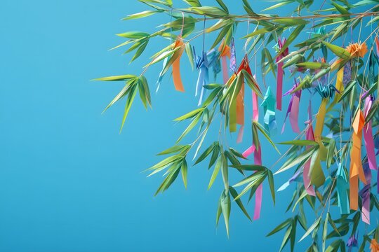七夕の笹飾りを爽やかな背景で表現した季節素材