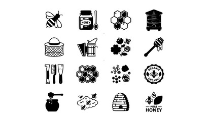 Minimal Beekeeping and Honey Production Icons Collection in Modern Flat Vector Style © HoriProshad