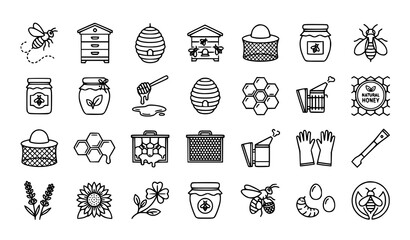 Outline Honey and Apiary Icons Vector Illustration with Bees and Beekeeping Equipment © HoriProshad