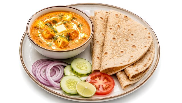 Butter Paneer Masala with Roti and Fresh Salad on White Background