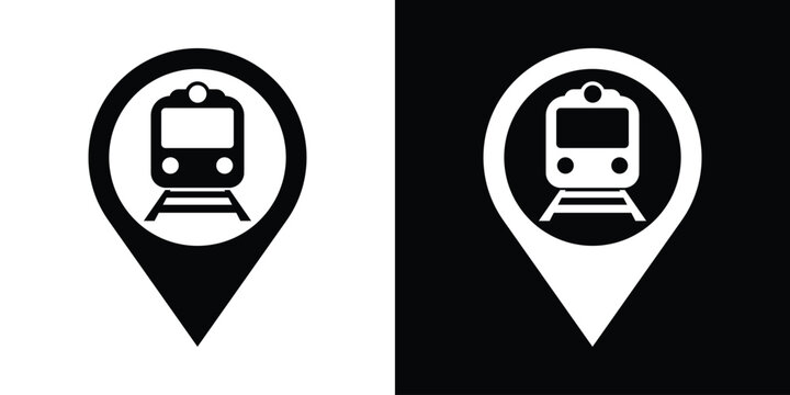 Map pointer icon containing a train symbol. Perfect for GPS navigation and identifying train station locations.