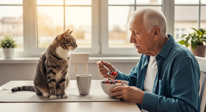 An elderly man enjoys a healthy breakfast while his cat sits attentively, anticipating a potential treat