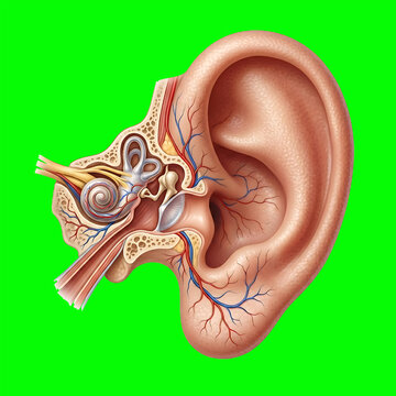 Realistic Human Ear Anatomy 3D Medical Illustration with Inner Ear Structure Isolated on Green Background