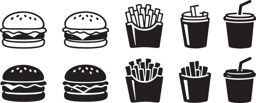 Fast food meal icons set featuring hamburger cheeseburger french fries and soda cup in outline and silhouette vector