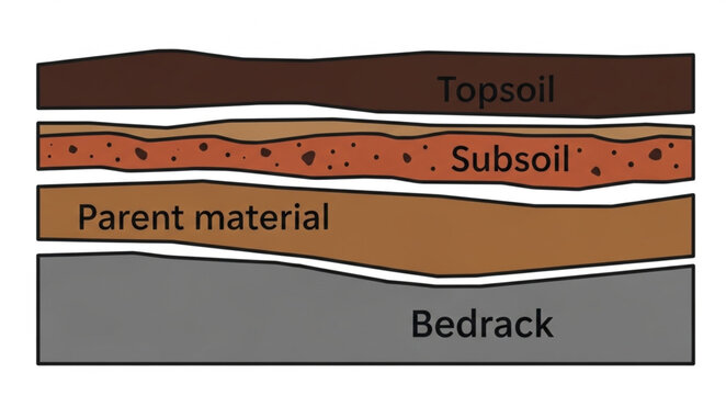 Diagram of soil layers showing topsoil subsoil parent material and bedrock.