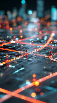 Futuristic digital city map with glowing neon lines, red location pins, representing smart navigation, urban connectivity. Modern technology transforms urban landscapes with advanced data