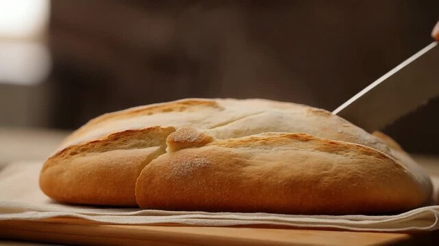 static side angle closeup of fresh artisan bread loaf being sliced with serrated knife