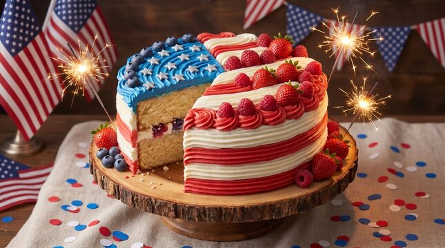 A delicious 4th of July cake with sweet chocolate icing and strawberry frosting is served on a special holiday platter at a local bakery.