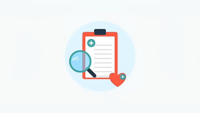 Animated medical clipboard with magnifying glass and heart icon. This flat design motion graphic is perfect for healthcare diagnostics, medical checkups, and insurance policy presentations.