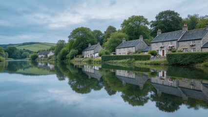 Fototapeta premium idyllic village houses by serene lake