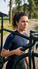 Obraz premium Close-up of determined young female cyclist carrying her road bike on her shoulder, minimalist aesthetic in simple sports gear for triathlon and fitness training outdoors