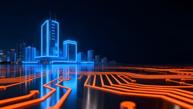 Futuristic cityscape with glowing circuit patterns
