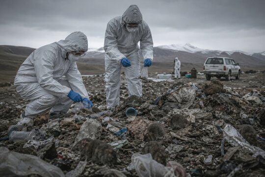 Professional epidemiologists in hazmat suits collecting samples at a landfill representing disease outbreak investigation
