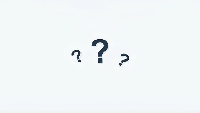 Minimalist 2D animation of three black question marks popping up on a white background. Ideal for FAQ videos, quizzes, problem-solving tutorials, and curious educational content projects.