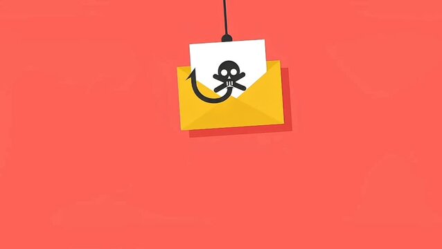 2D animation of a phishing email scam featuring an envelope with a skull icon caught by a fishing hook. Perfect for cyber security presentations, fraud prevention, and online safety content.