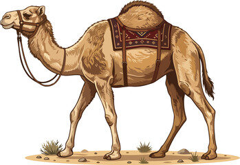 A camel stands on sandy desert ground with sparse vegetation wearing a decorative saddle. © faisalaladabi