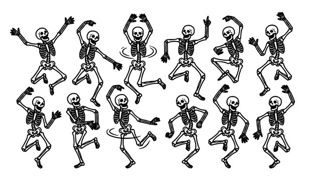 Dancing Halloween Skeletons Black Contour Vector Illustration for Posters