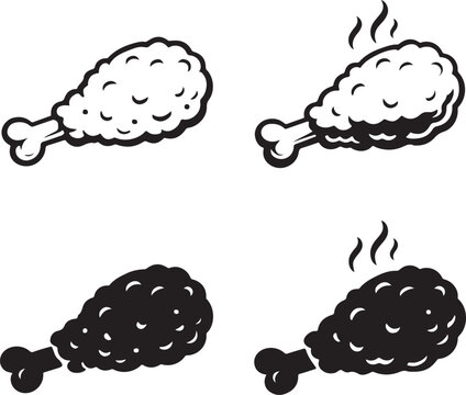 Fried chicken drumstick icon set with outline and silhouette vector