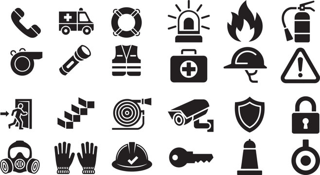 Essential safety emergency security and protection equipment warning elements icons set in solid