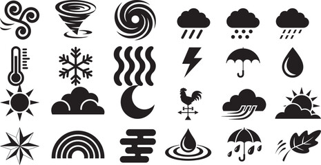 Naklejka premium Modern minimal weather climate forecast meteorology environment natural phenomena icons set in solid