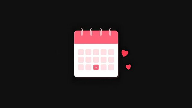 Animated 2D calendar icon on a black background with a red checkmark and floating pink hearts. Perfect for romantic event planning, wedding save the date, and anniversary reminders.