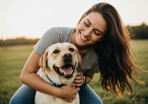 Happy Young Woman Hugging Her Yellow Labrador Retriever Dog in a Field