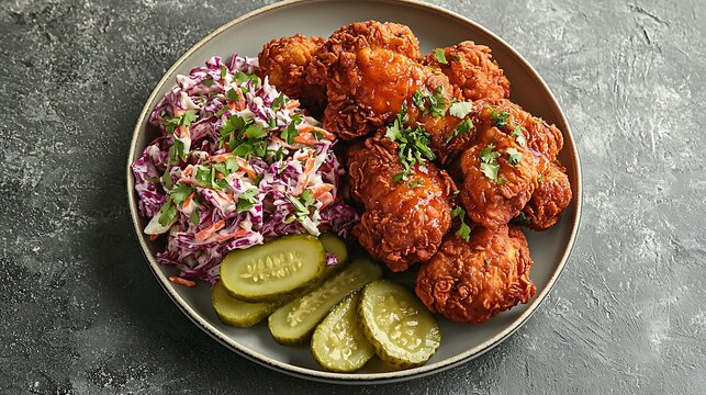 Crispy fried chicken pieces with coleslaw and dill pickle slices on a plate