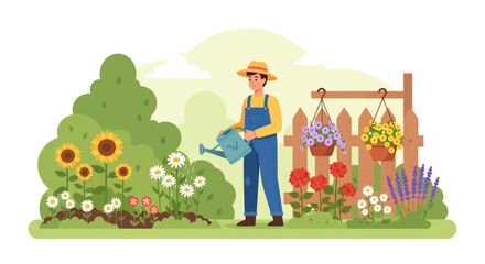 Fototapeta premium Gardener watering flowers in a vibrant garden