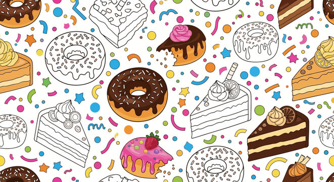 Vibrant Seamless Pattern Featuring Glazed Sweet Donuts with Multicolored Sprinkles and Tiny Confetti Decorations on a Playful Pastel Background for Festive Party Textile and Wrapping Paper Design