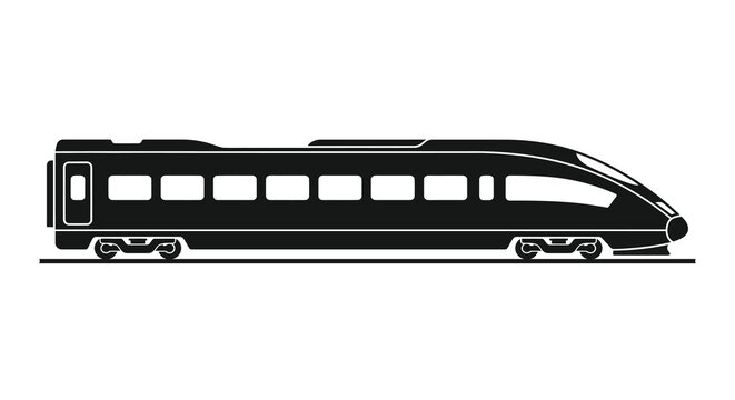 High speed train silhouette on tracks black and white