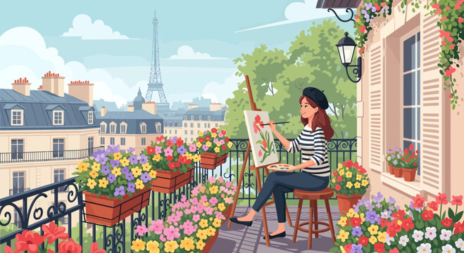 Woman painting on Paris balcony with Eiffel Tower view