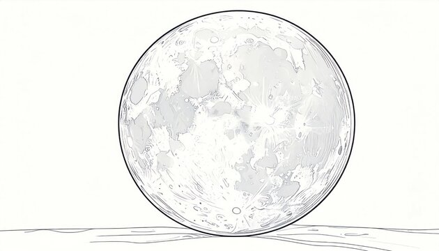 Detailed monochromatic full moon line art illustration resting on a subtle horizon against a clean white background capturing celestial beauty and lunar features.