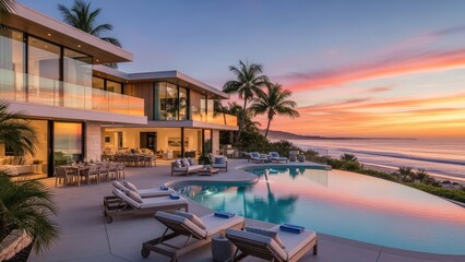 Fototapeta premium Modern luxury resort with infinity pool overlooking ocean at sunset