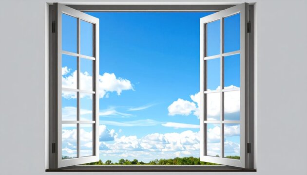 Brightly illuminated white window with open casements revealing a serene blue sky fluffy clouds and green trees beyond offering a view of freedom and nature.