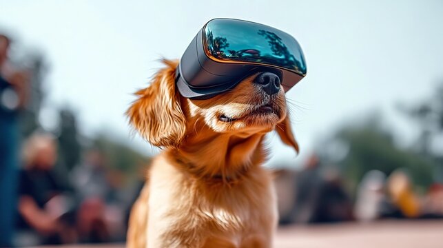 Adorable golden retriever dog enjoying virtual reality outdoors with a VR headset on.