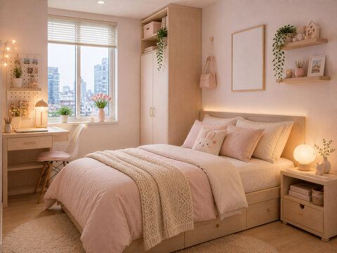 A compact pastel cozy room with space-saving furniture, soft pink tones, a warm bedside lamp, and cute minimal decorations for a charming feel